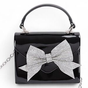Vegan Patent Leather Rhinestone Bow Top Handle Bag - Burgundy, Black,